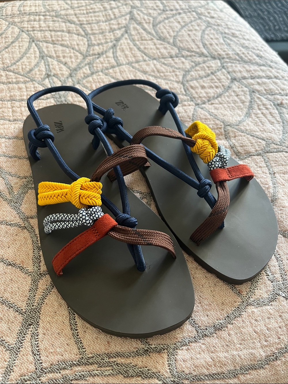 Zara Multicolor Rope Detail Flat Sandals — Navy, Brown, Yellow, Rust